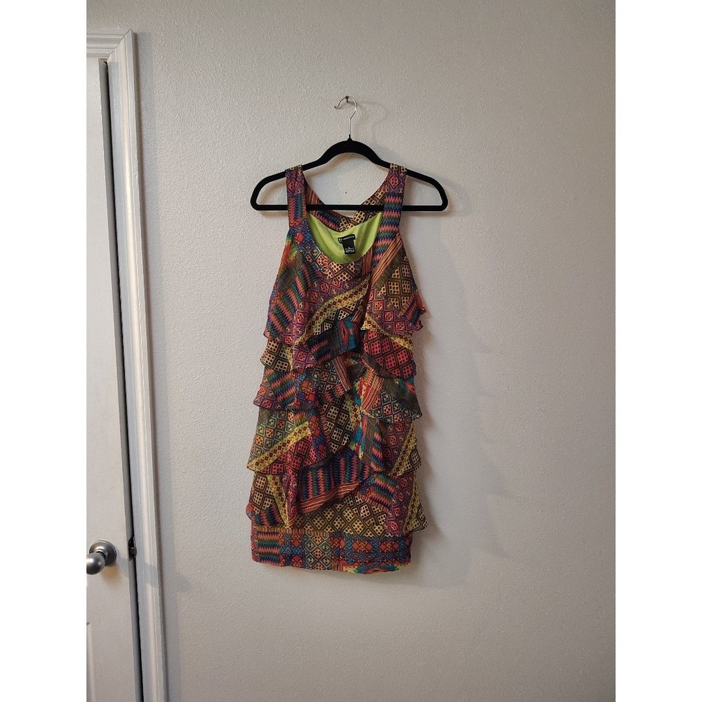New Directions Womens Geometric Patchwork Ruffle Tiered Mini Dress Multi Color 6